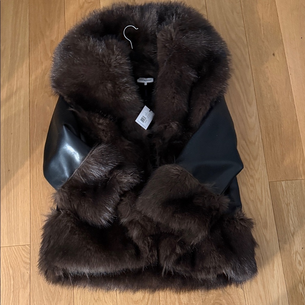Cocoon Faux Fur Jacket in Black & Dark Brown - Picture 5 of 8